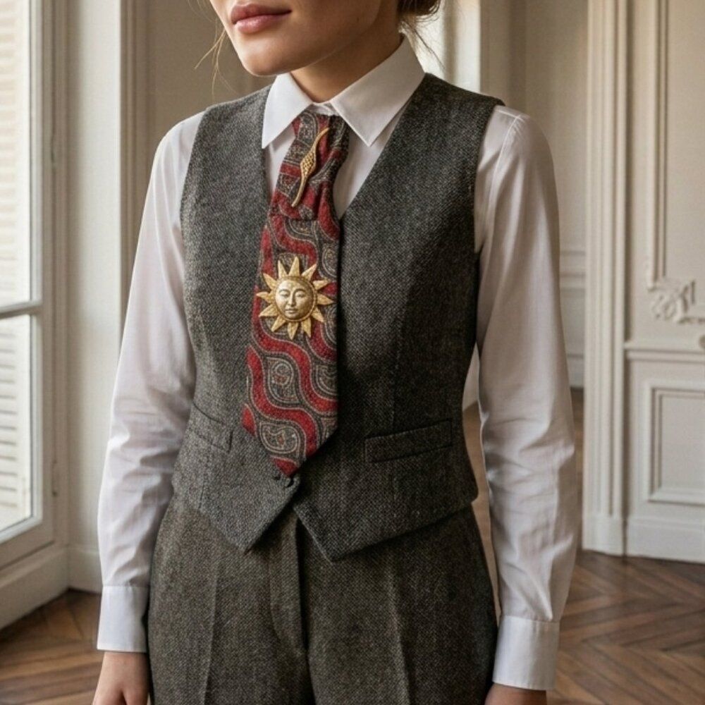 Statement Tie Necklace - Gant Red Paisley Silk Tie Brooch & Sun Medallion